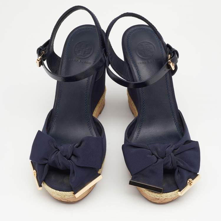 Pre Owned  Tory Burch Blue Fabric And Leather Espadrille Wedge Ankle Strap Sandals Size 37.5