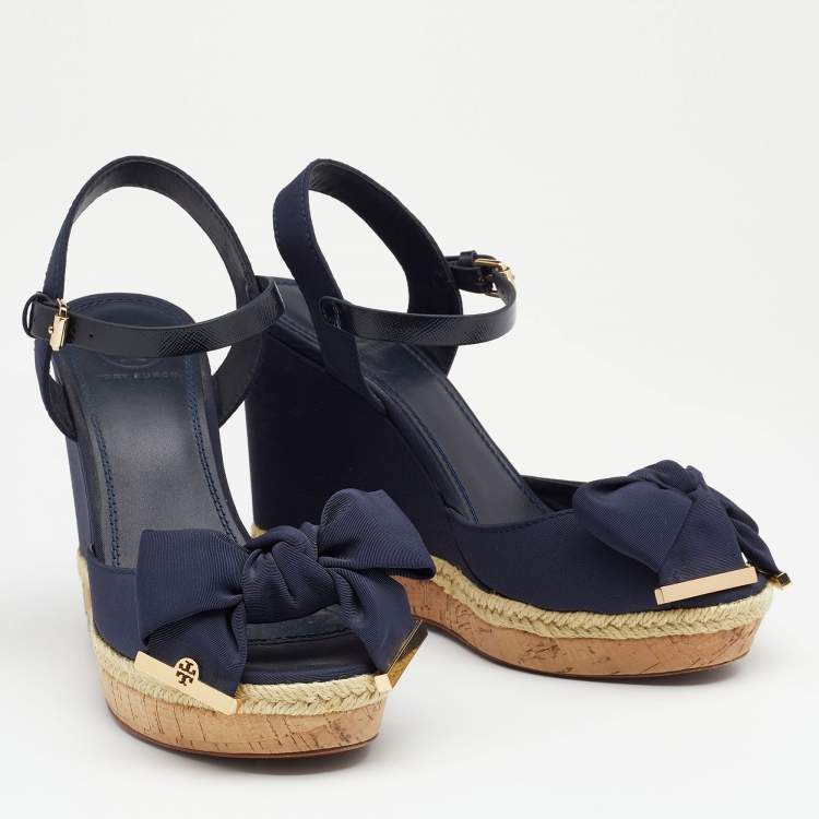 Pre Owned  Tory Burch Blue Fabric And Leather Espadrille Wedge Ankle Strap Sandals Size 37.5