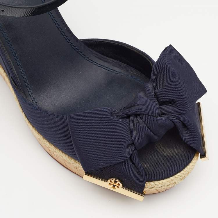 Pre Owned  Tory Burch Blue Fabric And Leather Espadrille Wedge Ankle Strap Sandals Size 37.5