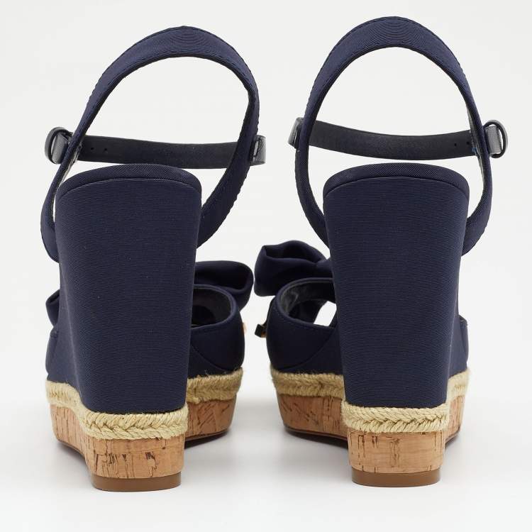 Pre Owned  Tory Burch Blue Fabric And Leather Espadrille Wedge Ankle Strap Sandals Size 37.5