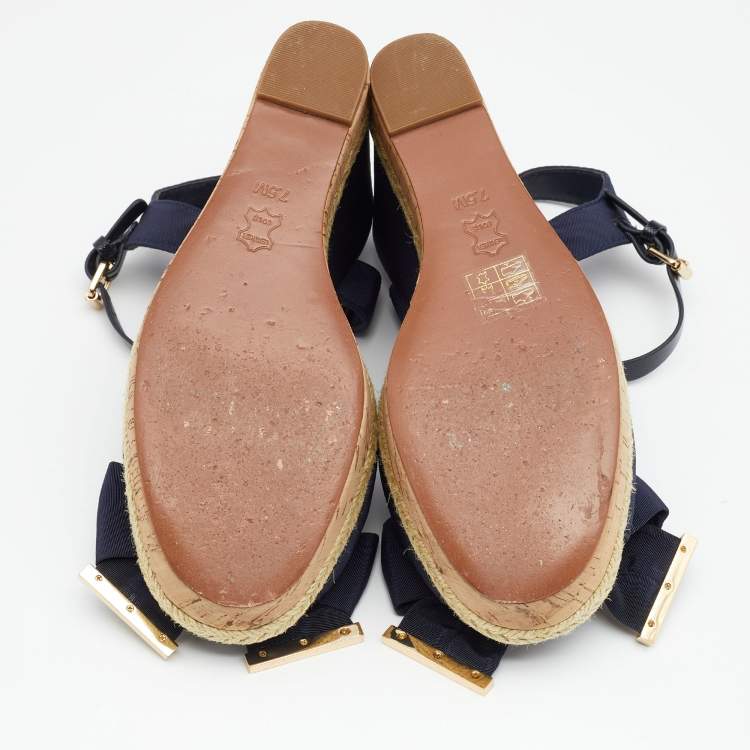 Pre Owned  Tory Burch Blue Fabric And Leather Espadrille Wedge Ankle Strap Sandals Size 37.5