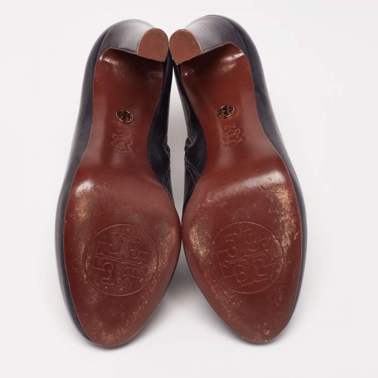 Pre Owned Tory Burch Navy Blue Leather Ankle Boots Size 37.5