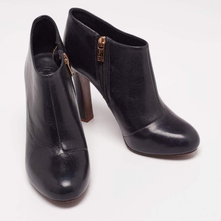 Pre Owned Tory Burch Navy Blue Leather Ankle Boots Size 37.5