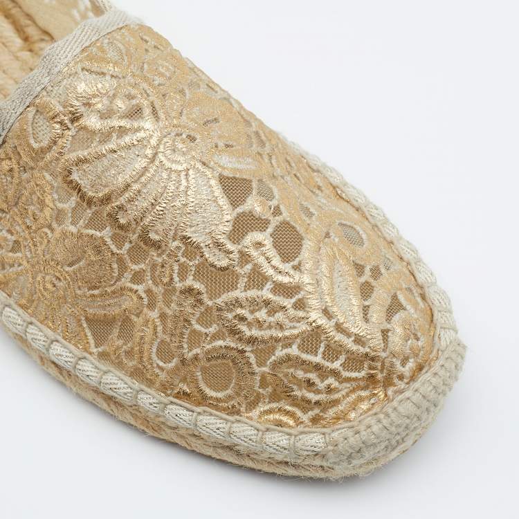 Pre Owned Tory Burch Beige/Gold Lace and Mesh  Espadrille Flats Size 39
