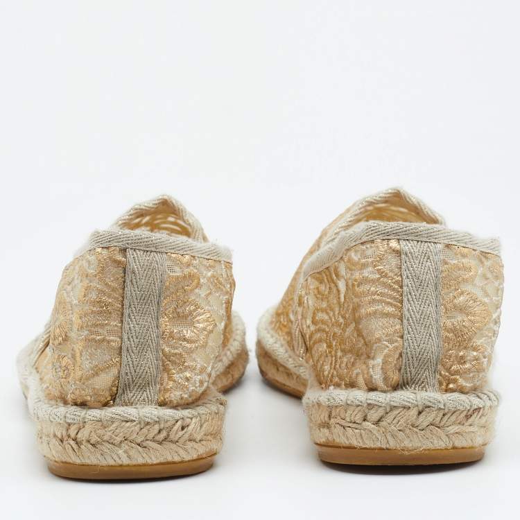Pre Owned Tory Burch Beige/Gold Lace and Mesh  Espadrille Flats Size 39