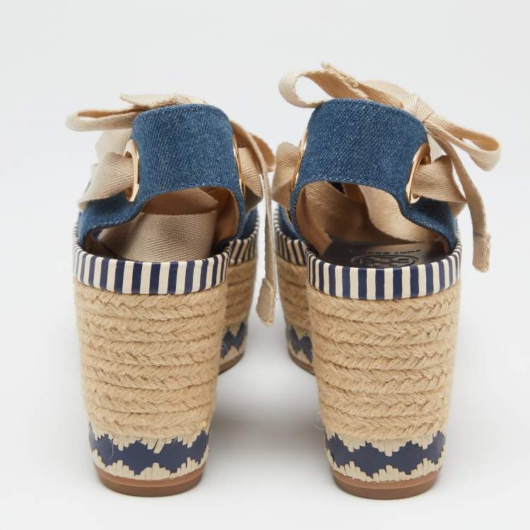 Pre Owned Tory Burch Blue Denim Dandy Ankle Wrap Espadrille Wedge Sandals Size 35.5 
