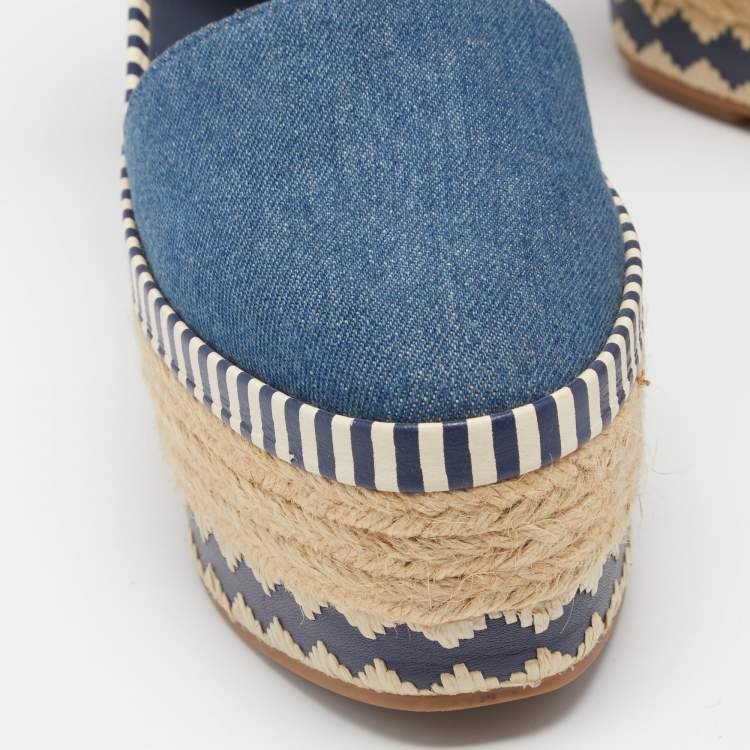 Pre Owned Tory Burch Blue Denim Dandy Ankle Wrap Espadrille Wedge Sandals Size 35.5 