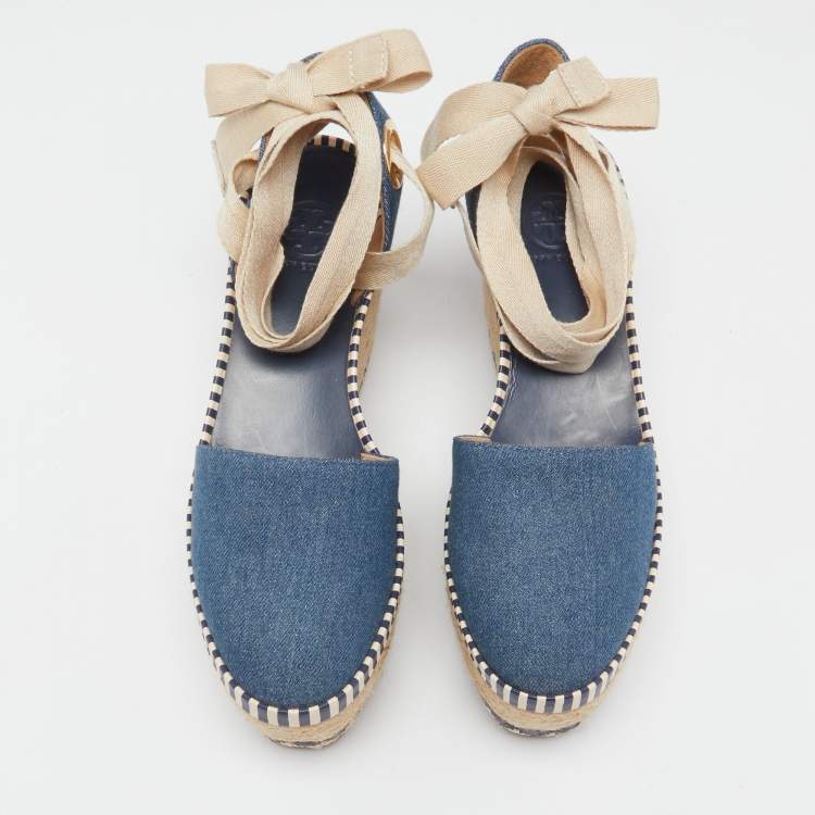 Pre Owned Tory Burch Blue Denim Dandy Ankle Wrap Espadrille Wedge Sandals Size 35.5 
