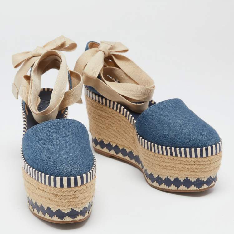 Pre Owned Tory Burch Blue Denim Dandy Ankle Wrap Espadrille Wedge Sandals Size 35.5 