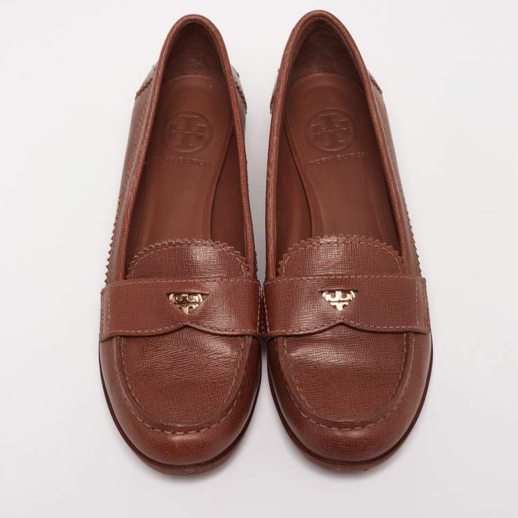Pre Owned Tory Burch Brown Leather Slip On Loafers Size 37.5