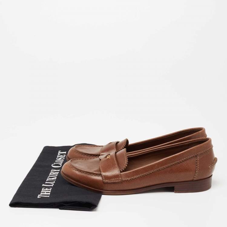 Pre Owned Tory Burch Brown Leather Slip On Loafers Size 38