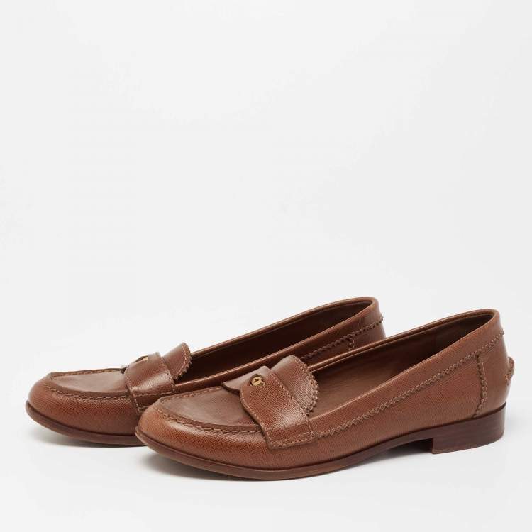Pre Owned Tory Burch Brown Leather Slip On Loafers Size 38