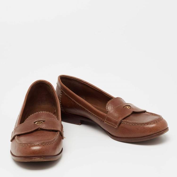 Pre Owned Tory Burch Brown Leather Slip On Loafers Size 38