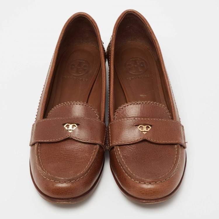 Pre Owned Tory Burch Brown Leather Slip On Loafers Size 38