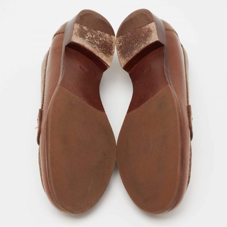 Pre Owned Tory Burch Brown Leather Slip On Loafers Size 38