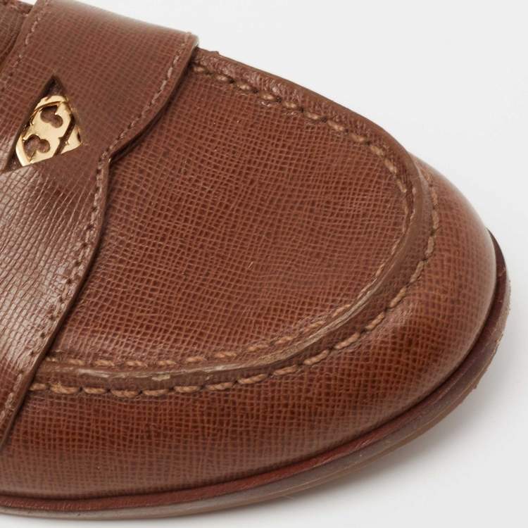 Pre Owned Tory Burch Brown Leather Slip On Loafers Size 38