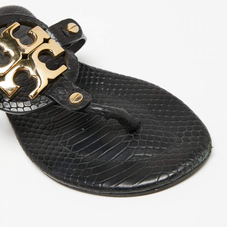 Pre Owned Tory Burch Black Python Embossed Leather Logo Miller Thong Flats Size 37