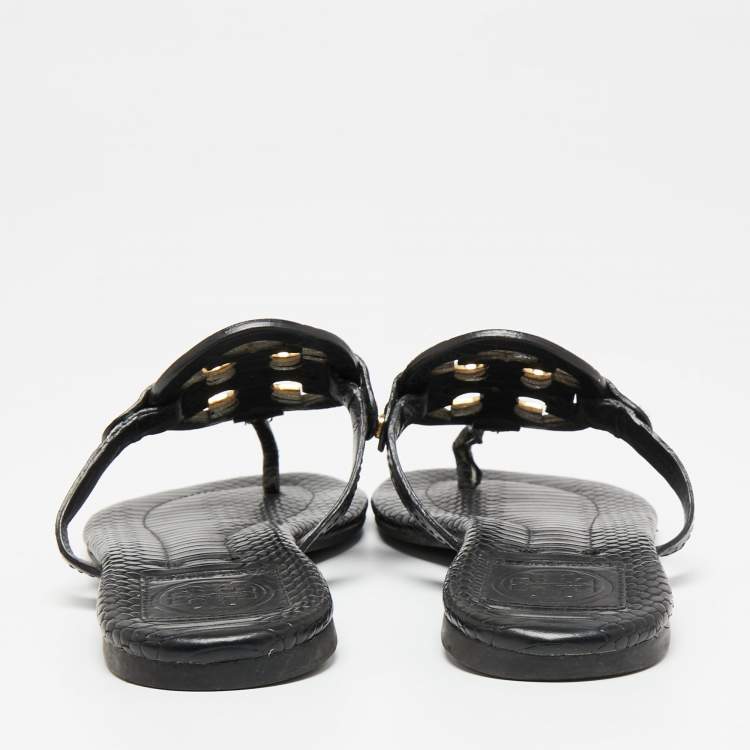 Pre Owned Tory Burch Black Python Embossed Leather Logo Miller Thong Flats Size 37