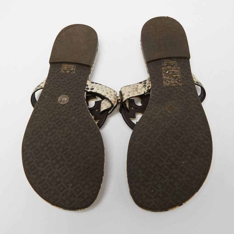Pre Owned Tory Burch Beige/Brown Snakeskin Embossed Leather Miller Thong Flats Size 36