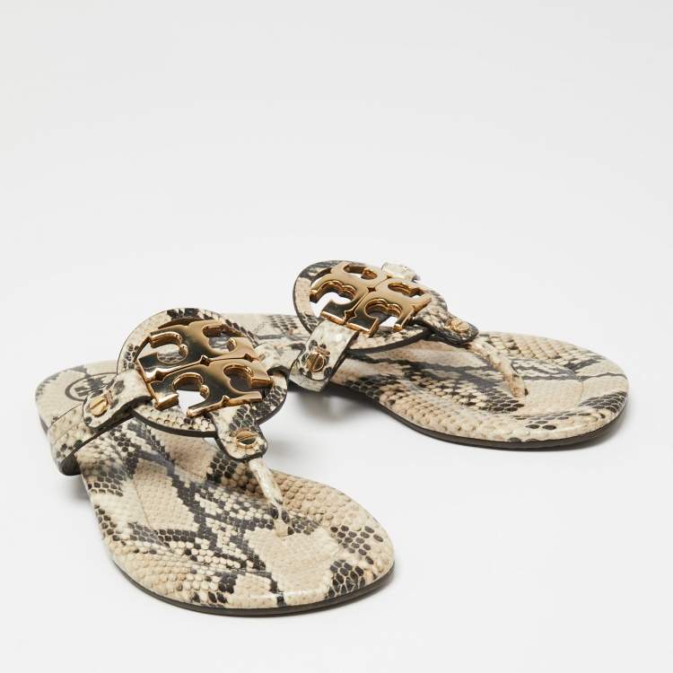 Pre Owned Tory Burch Beige/Brown Snakeskin Embossed Leather Miller Thong Flats Size 36