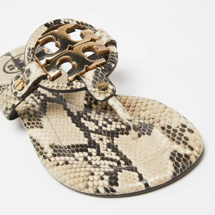 Pre Owned Tory Burch Beige/Brown Snakeskin Embossed Leather Miller Thong Flats Size 36
