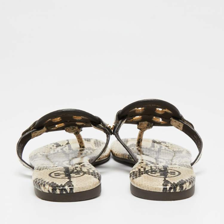 Pre Owned Tory Burch Beige/Brown Snakeskin Embossed Leather Miller Thong Flats Size 36