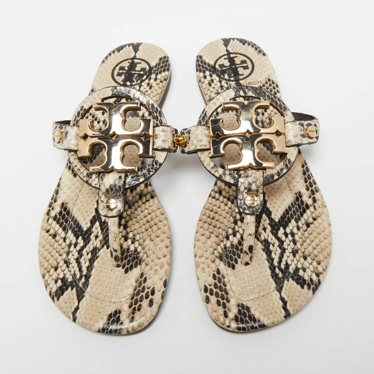 Pre Owned Tory Burch Beige/Brown Snakeskin Embossed Leather Miller Thong Flats Size 36