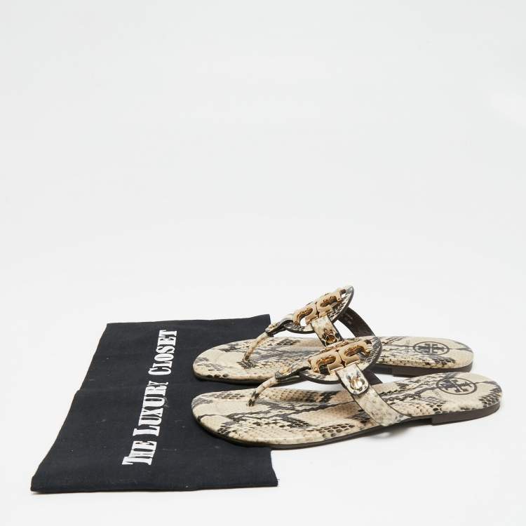 Pre Owned Tory Burch Beige/Brown Snakeskin Embossed Leather Miller Thong Flats Size 36