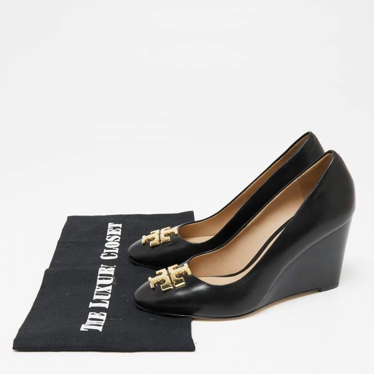 Pre Owned Tory Burch Black Leather Wedge Pumps Size 36.5