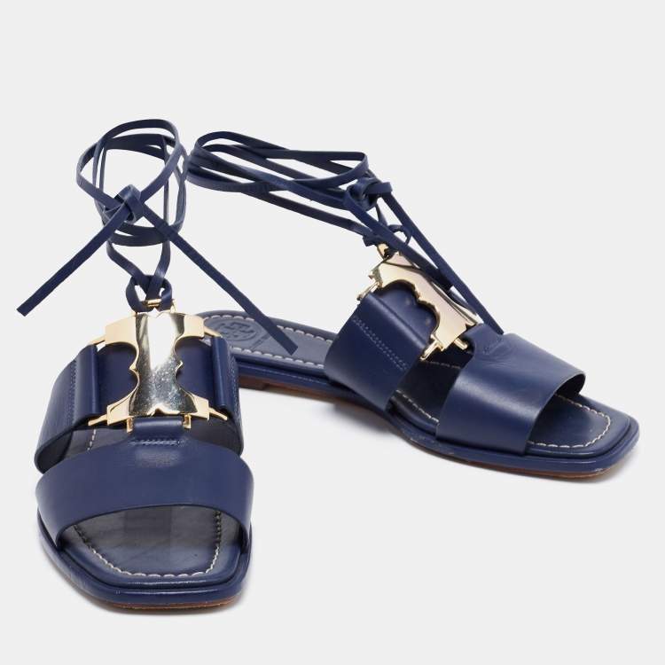 Pre Owned Tory Burch Nay Blue Leather Ankle Wrap Flats Size 36.5
