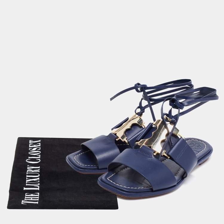 Pre Owned Tory Burch Nay Blue Leather Ankle Wrap Flats Size 36.5