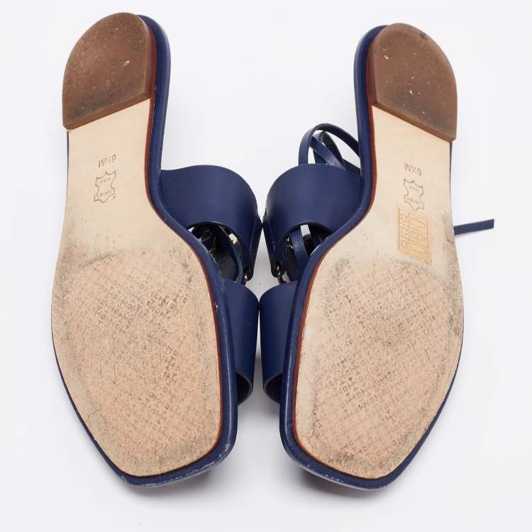 Pre Owned Tory Burch Nay Blue Leather Ankle Wrap Flats Size 36.5