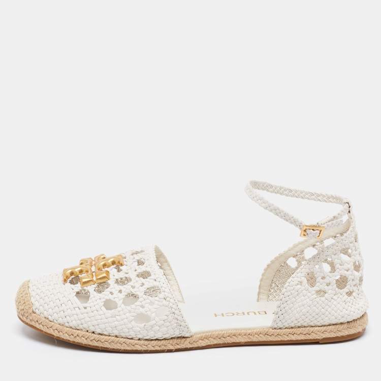 Tory Burch White Eleanor Woven Leather Espadrille Ankle Strap Flat Sandals  Size  Tory Burch | TLC