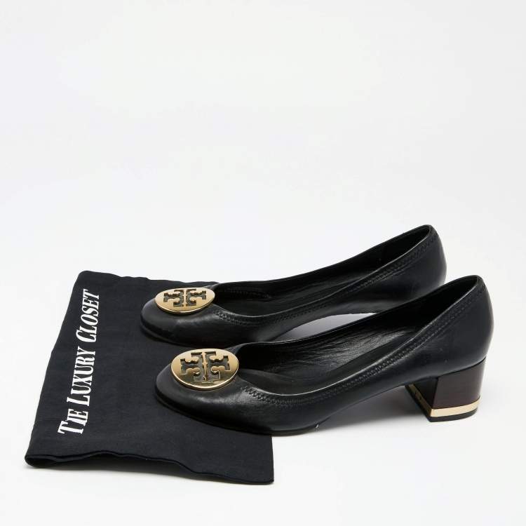 Pre Owned Tory Burch Black Leather Janey Block Heel Pumps Size 40.5