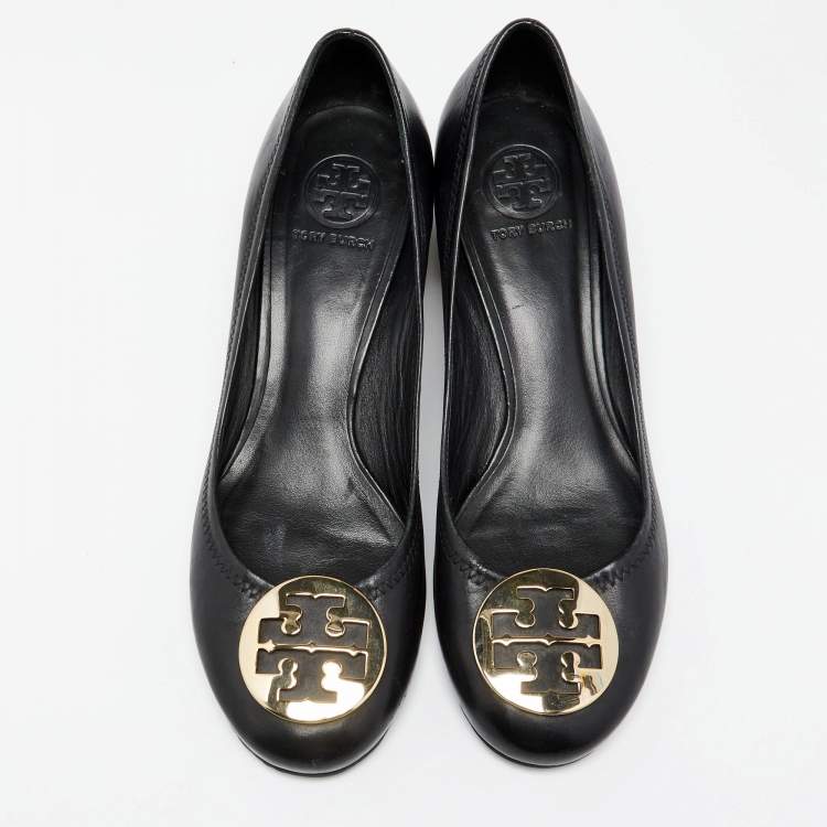 Pre Owned Tory Burch Black Leather Janey Block Heel Pumps Size 40.5