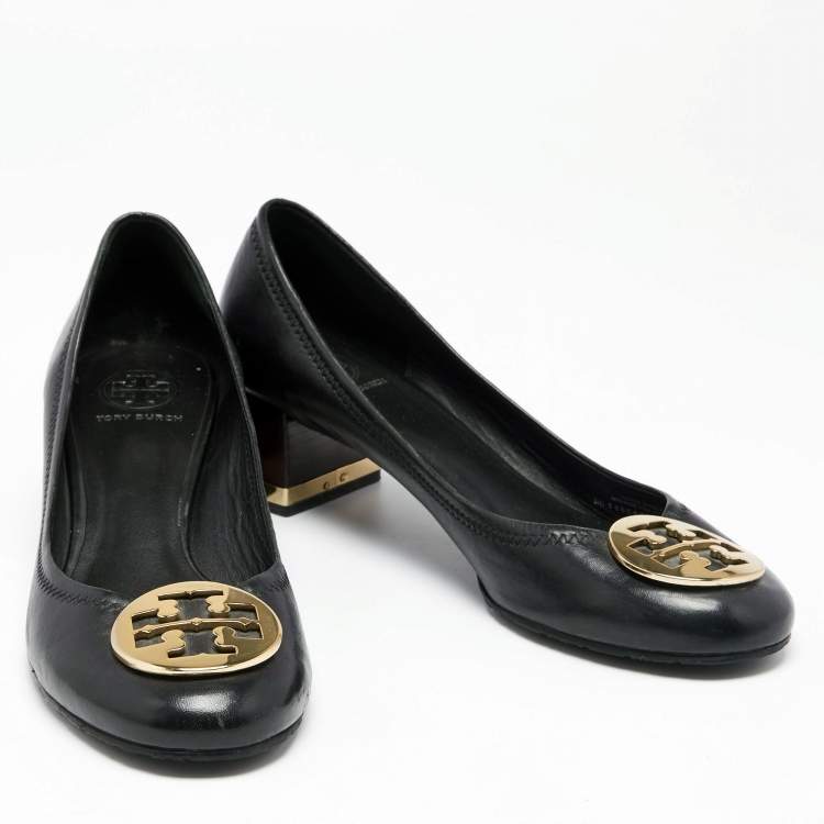 Pre Owned Tory Burch Black Leather Janey Block Heel Pumps Size 40.5