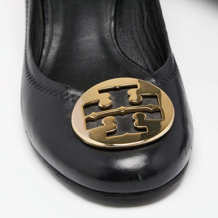 Pre Owned Tory Burch Black Leather Janey Block Heel Pumps Size 40.5