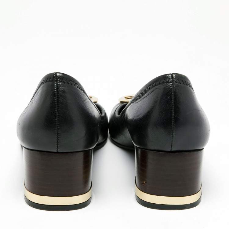 Pre Owned Tory Burch Black Leather Janey Block Heel Pumps Size 40.5