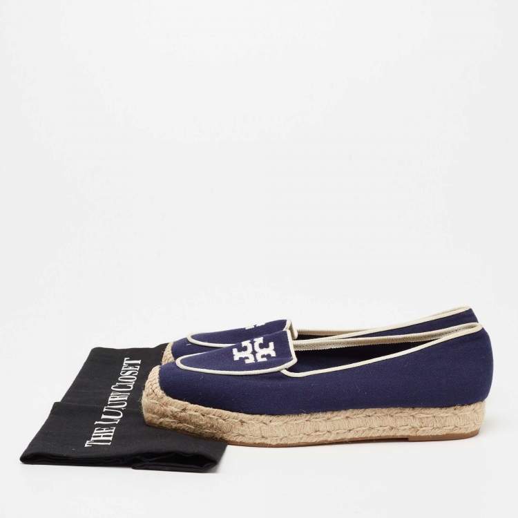 Pre Owned Tory Burch Navy Blue Canvas Wells Platform Espadrille Flats Size 38