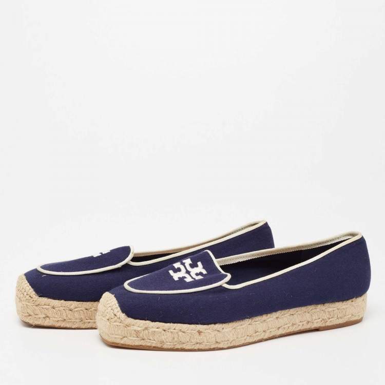 Pre Owned Tory Burch Navy Blue Canvas Wells Platform Espadrille Flats Size 38