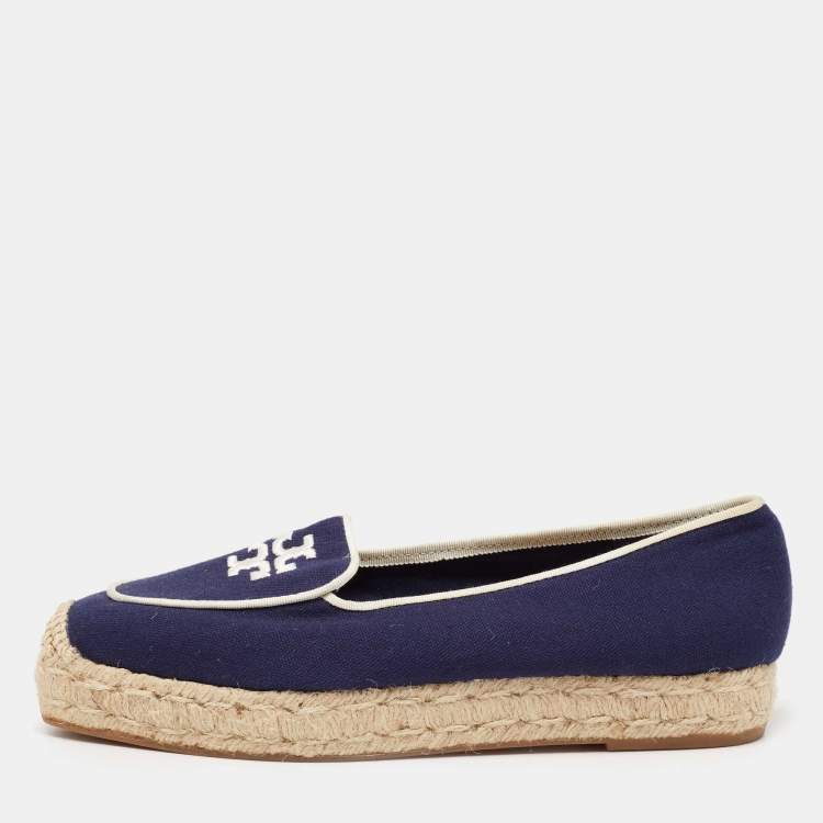 Pre Owned Tory Burch Navy Blue Canvas Wells Platform Espadrille Flats Size 38