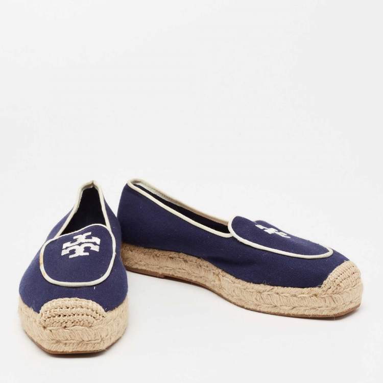 Pre Owned Tory Burch Navy Blue Canvas Wells Platform Espadrille Flats Size 38