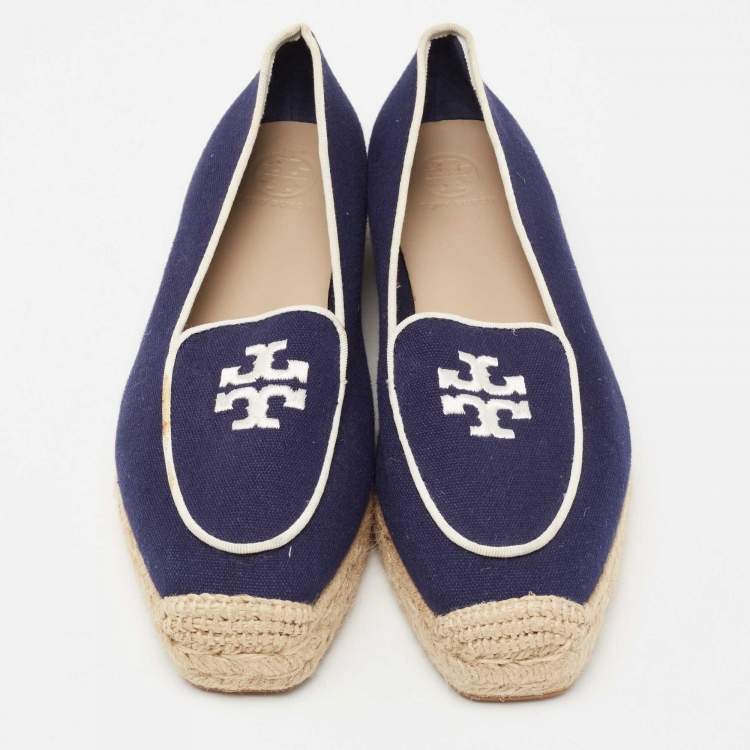 Pre Owned Tory Burch Navy Blue Canvas Wells Platform Espadrille Flats Size 38