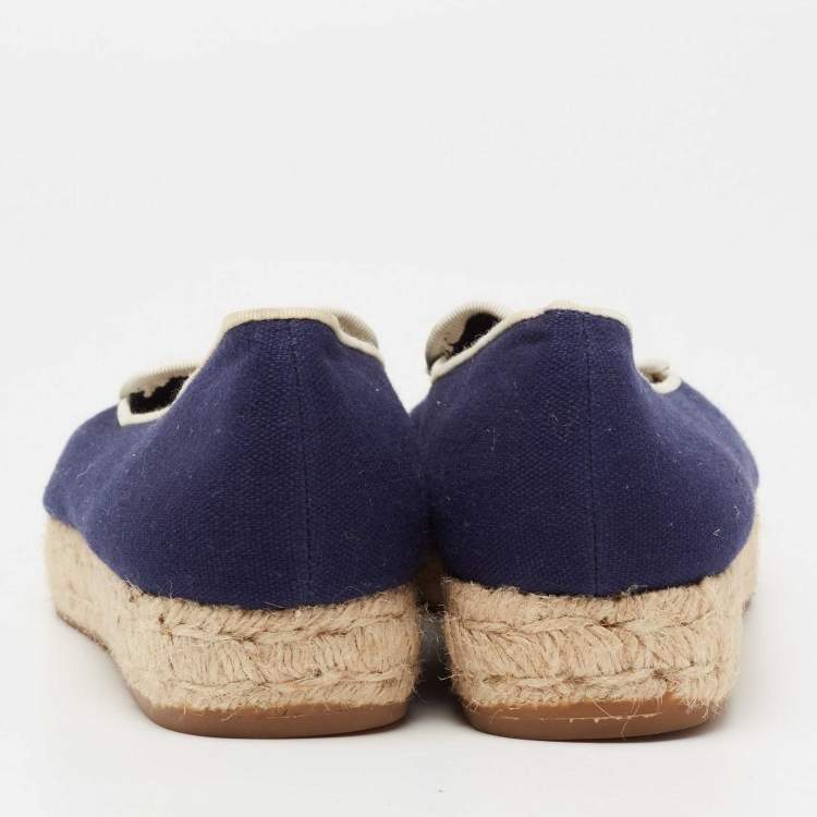 Pre Owned Tory Burch Navy Blue Canvas Wells Platform Espadrille Flats Size 38