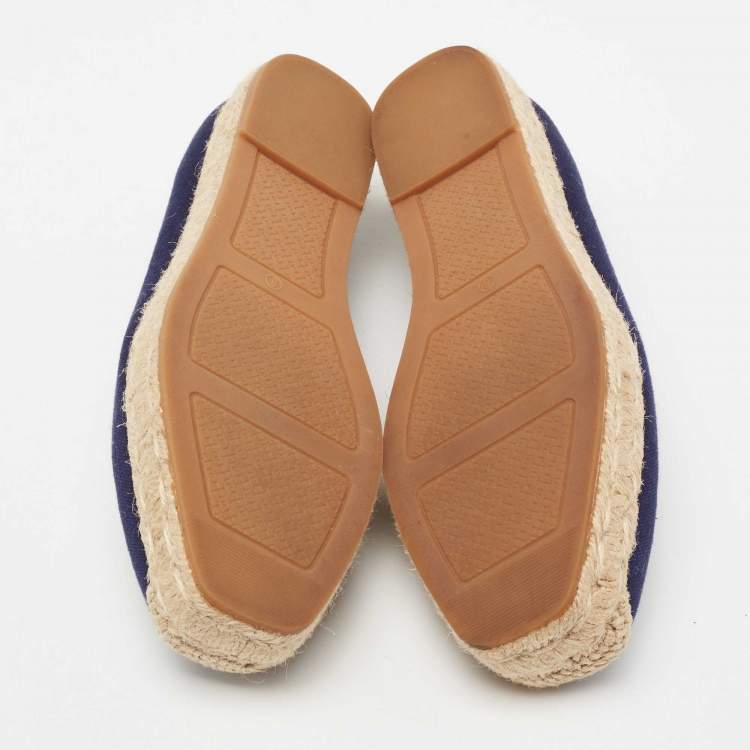 Pre Owned Tory Burch Navy Blue Canvas Wells Platform Espadrille Flats Size 38