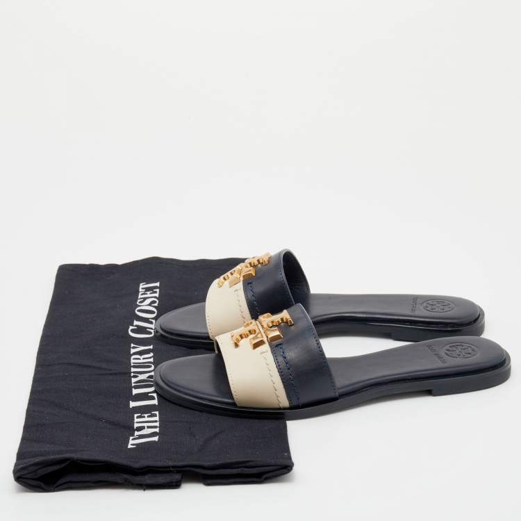 Pre Owned Tory Burch Navy Blue/Cream Leather Eleanor Logo Plaque Slide Sandals Size 36