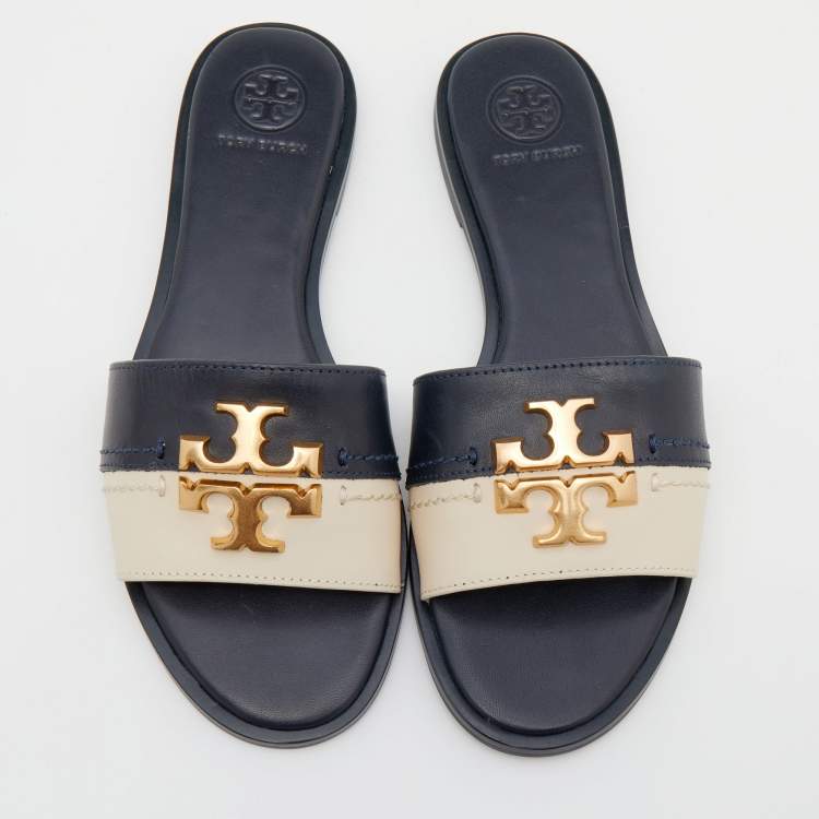 Pre Owned Tory Burch Navy Blue/Cream Leather Eleanor Logo Plaque Slide Sandals Size 36