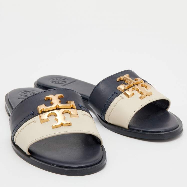 Pre Owned Tory Burch Navy Blue/Cream Leather Eleanor Logo Plaque Slide Sandals Size 36