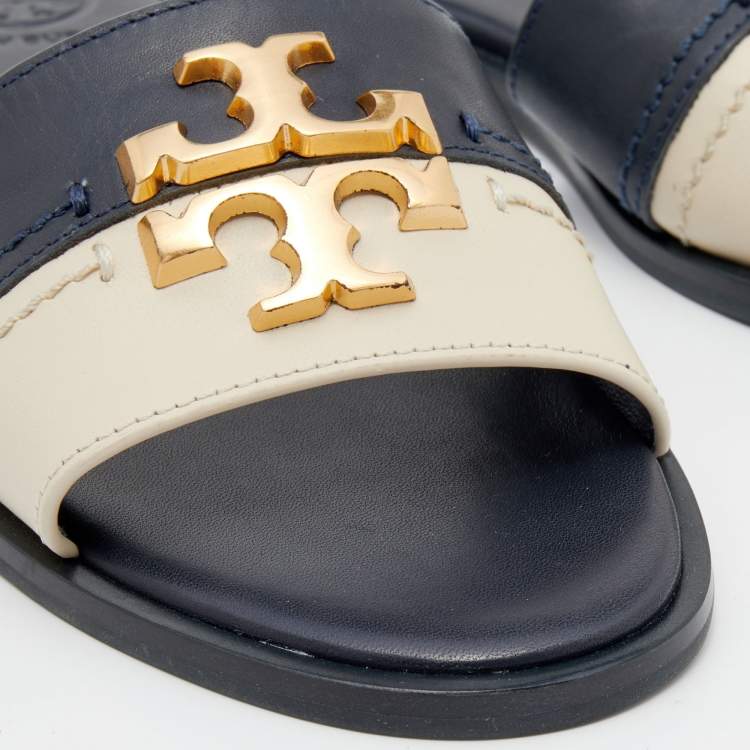 Pre Owned Tory Burch Navy Blue/Cream Leather Eleanor Logo Plaque Slide Sandals Size 36
