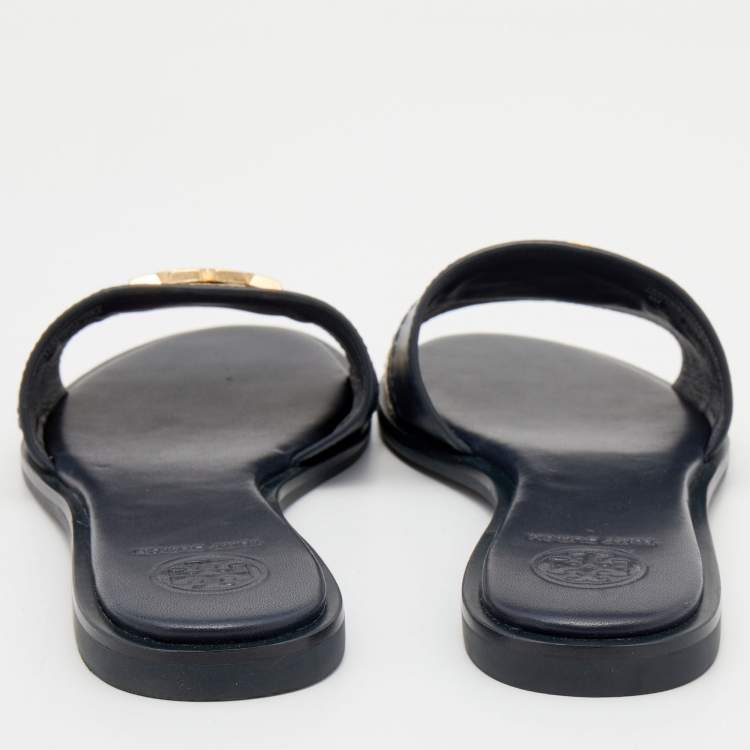Pre Owned Tory Burch Navy Blue/Cream Leather Eleanor Logo Plaque Slide Sandals Size 36